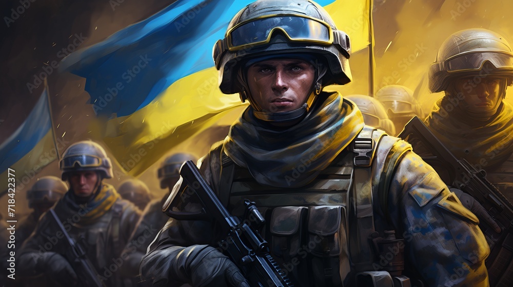 Obraz premium A digital painting depicting Ukrainian soldiers imbued with the colors of the Ukrainian flag AI generated
