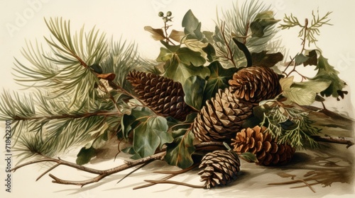  a bunch of pine cones sitting on top of a branch next to a branch with leaves and cones on it.