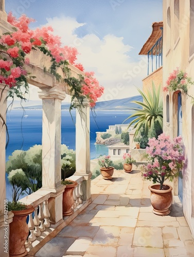 Vintage Painting of Greek Isle Whitewashed Villas - Greek Villa Artwork