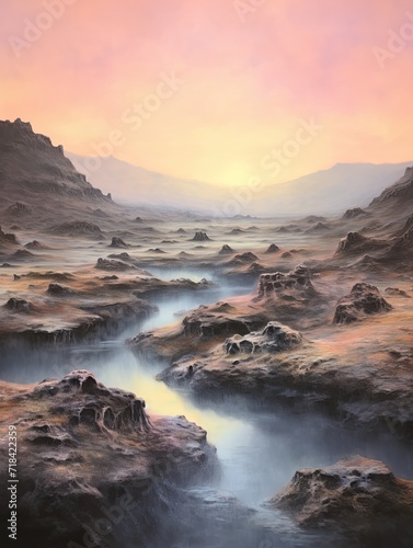 Icelandic Geothermal Springs Dawn Painting: Morning Mist Over Pools © Michael