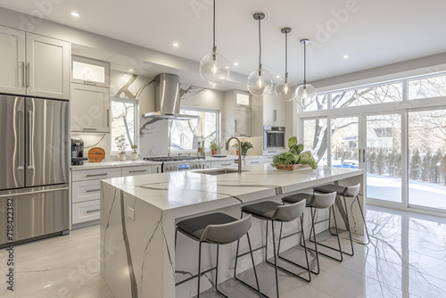 Chic kitchen with reflective surfaces, large windows, and stylish bar stools at the island.