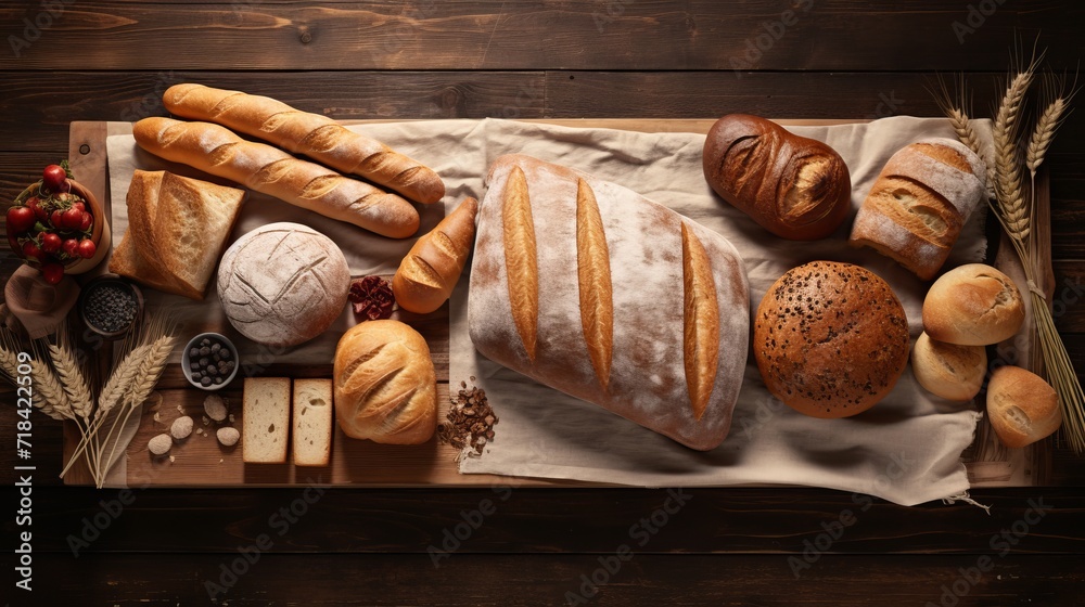 A flat lay of assorted fresh bread on a wooden table AI generated