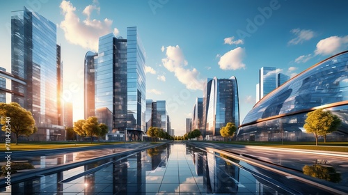 A futuristic business park filled with sleek glass buildings  AI generated