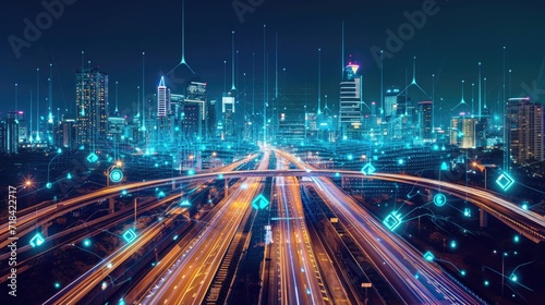 Modern city with wireless network connection and communication technology, Data, Innovation concept.