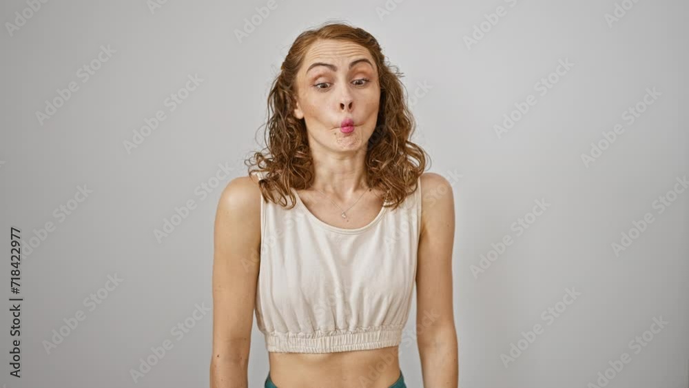 Young, comical woman making a crazy, fun fish face gesture with her lips. a funny expression against isolated white background! Young, comical woman making a crazy, fun fish face gesture with her lips. a funny expression against isolated white background!