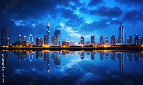abstract city background with skyscrapers reflected on water surface and stormy sky