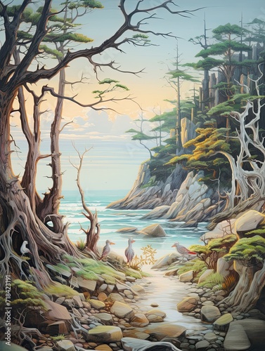 Enchanting Coastal Sands: Magical Forest Creatures Beach Scene Painting