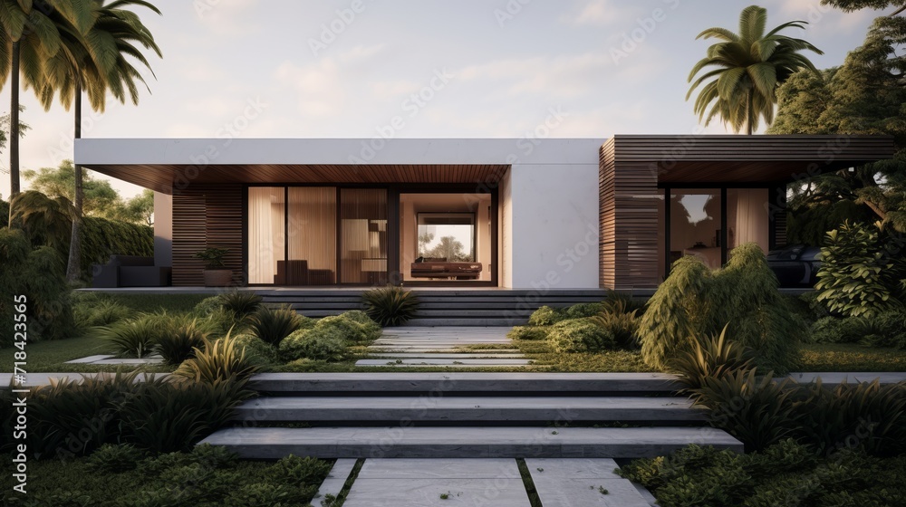 Fototapeta premium A minimalist exterior with sustainable landscaping AI generated