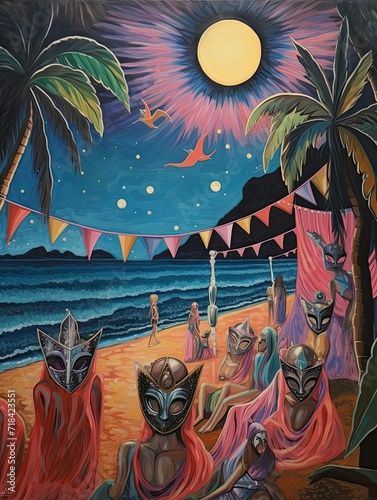Midnight Carnival Masquerades: Enchanting Beach Scene Painting with Beachside Masquerade © Michael