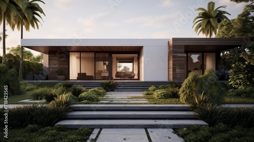 A minimalist exterior with sustainable landscaping  AI generated © Olive Studio