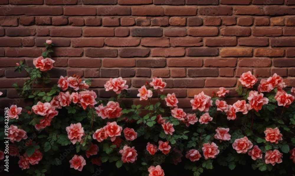 Red roses on a brick wall background with copy space for text