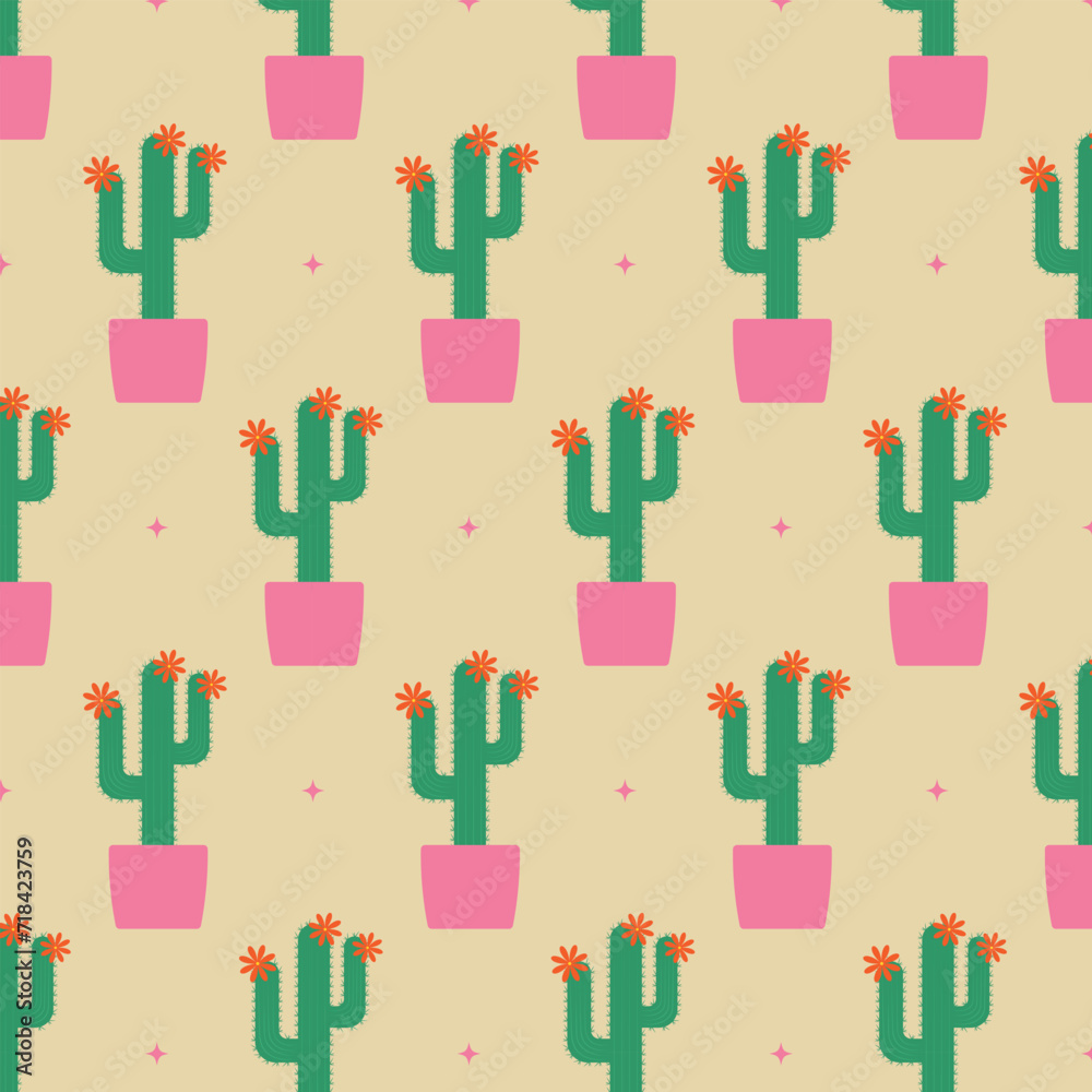 Seamless pattern with cactus in a pot. Vector illustration. Seamless pattern with cactus in a pot. Vector illustration.