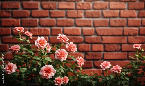 Red roses on a brick wall background with copy space for text