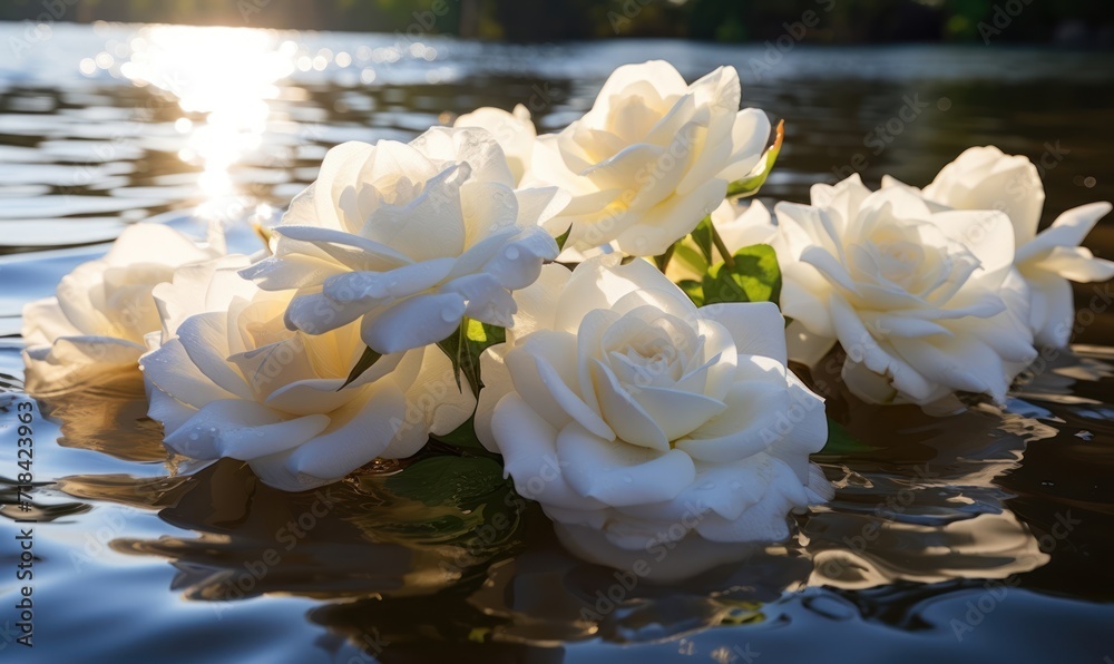 Beautiful white roses on the water surface in sunset light. Romantic background.