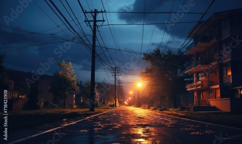 Country road in the evening at sunset with street lamps and houses.