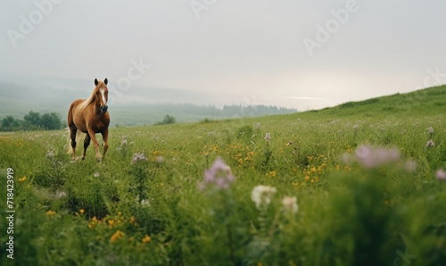 Horse in the meadow on a foggy summer morning. © TheoTheWizard