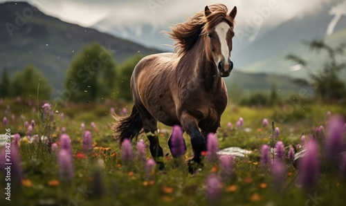 Beautiful Icelandic horse grazing on the meadow with blooming flowers