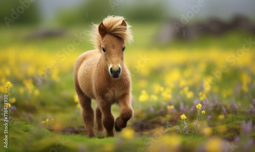 Little pony foal play on a meadow with yellow flowers