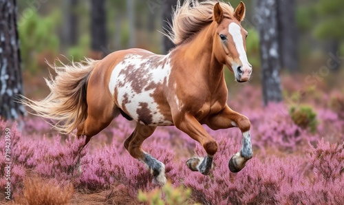 Beautiful bay horse galloping in the heather in autumn.