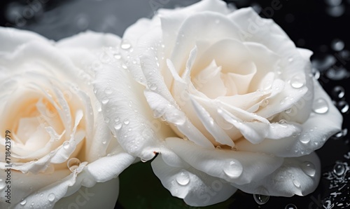 Beautiful white roses with water drops on black background, closeup