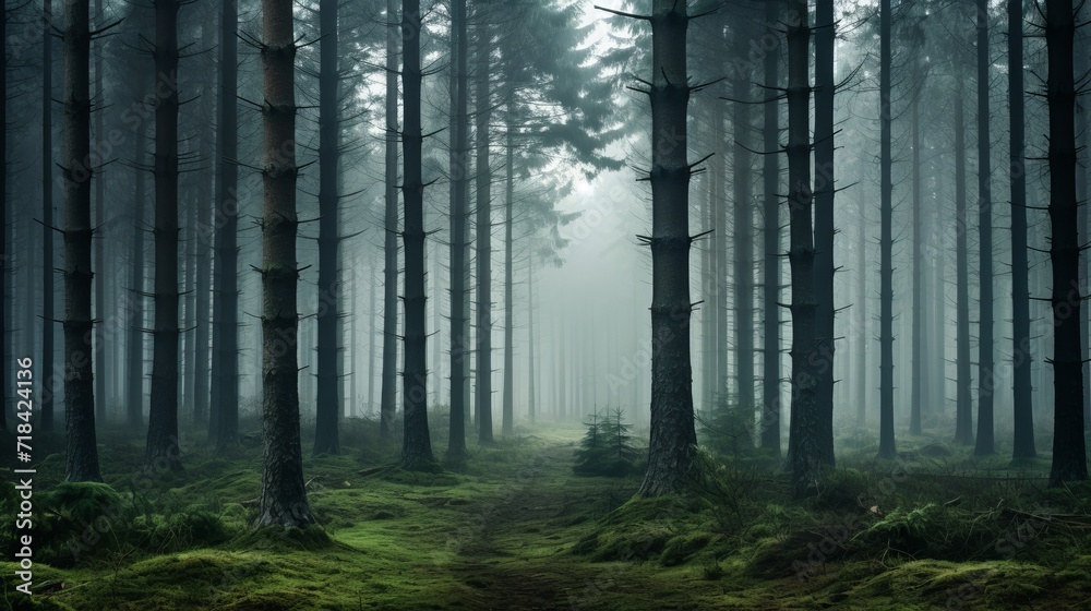A misty pine forest on a foggy morning capturing the mysterious and minimalist ambiance of woodland in atmospheric conditions AI generated A misty pine forest on a foggy morning capturing the mysterious and minimalist ambiance of woodland in atmospheric conditions AI generated