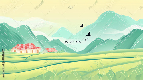 House with birds flying over a mountain, in the style of minimalist background.