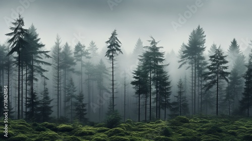 A misty pine forest on a foggy morning capturing the mysterious and minimalist ambiance of woodland in atmospheric conditions AI generated