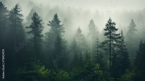 A misty pine forest on a foggy morning capturing the mysterious and minimalist ambiance of woodland in atmospheric conditions  AI generated © Olive Studio