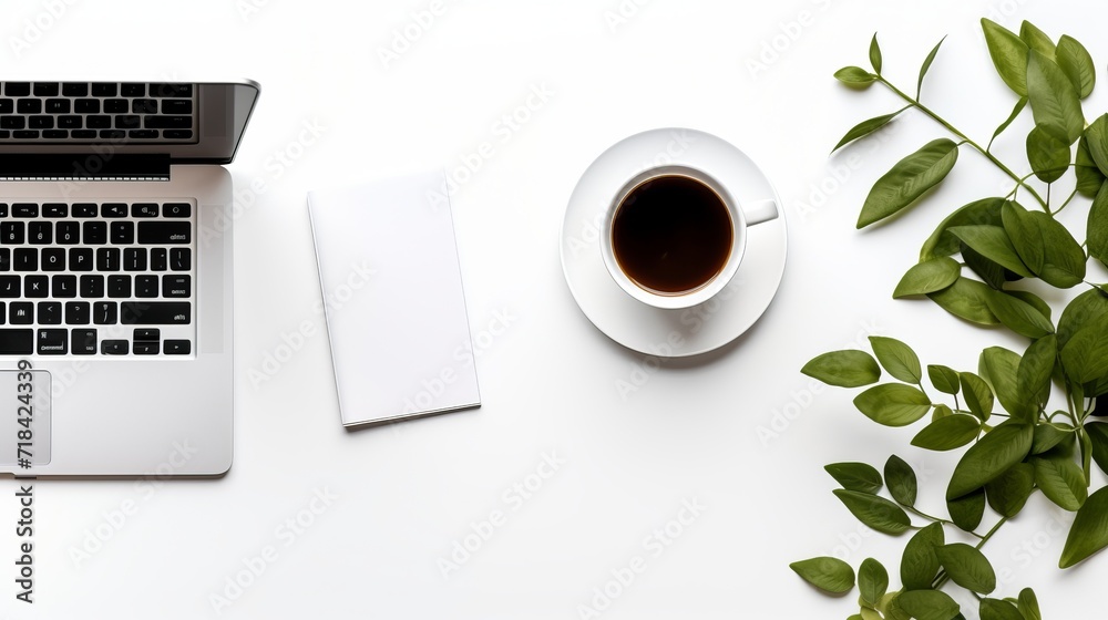 A modern minimalist flat lay with an open laptop and a cup of coffee AI generated A modern minimalist flat lay with an open laptop and a cup of coffee AI generated