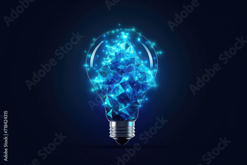 Abstract blue glowing light bulb. Polygonal style design. Abstract geometric background. Wireframe light connection structure.