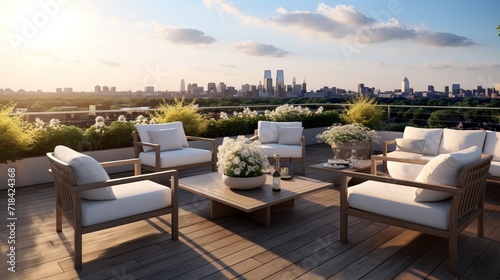 A modern rooftop terrace with a city view AI generated © Olive Studio