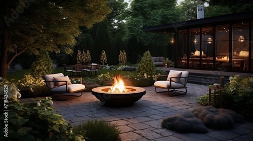 A peaceful backyard with a fire pit AI generated