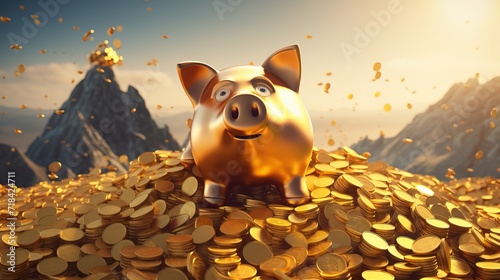 A piggy bank sitting atop a mountain of accumulated gold coins demonstrating the concept of long-term savings AI generated