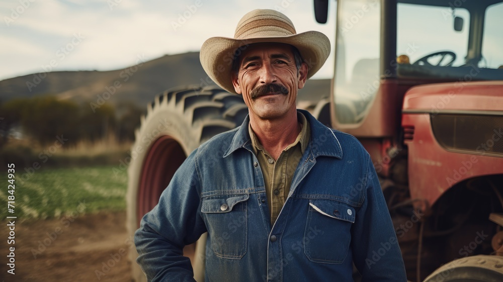 Mexican middle age male farmer standing next to the tractor 
