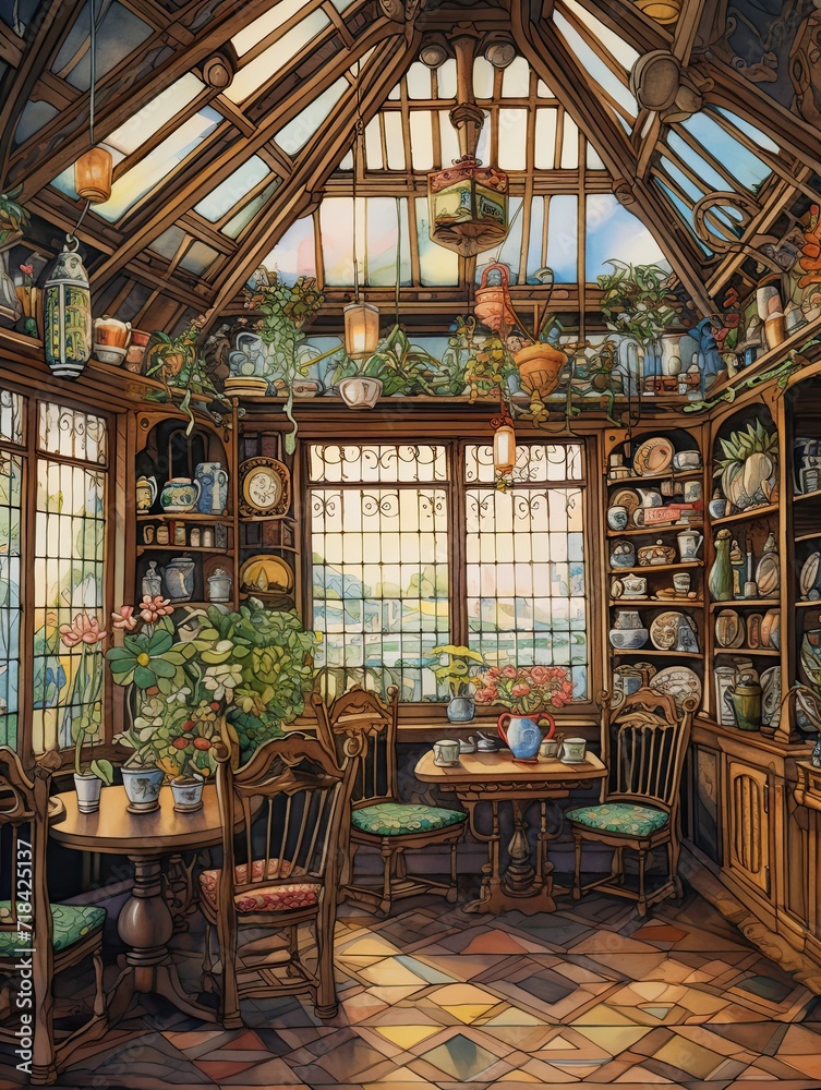Quaint Teashop Interiors: Seaside Serenity in a Seascape Print Quaint Teashop Interiors: Seaside Serenity in a Seascape Print