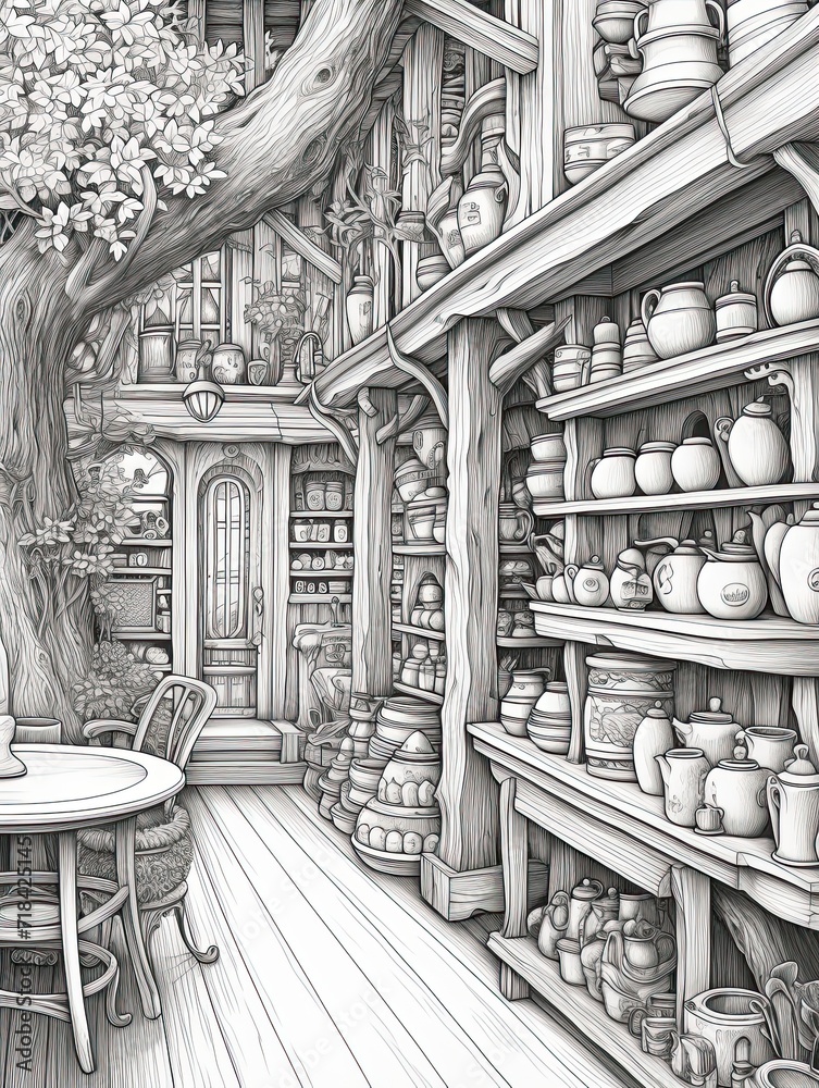 Quaint Teashop Interiors: Enchanting Tree Line Art in a Woodsy Teashop Haven