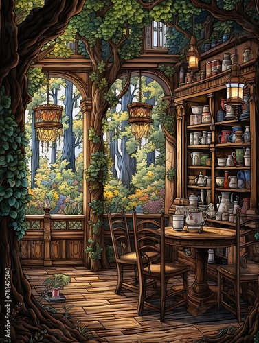 Quaint Teashop Interiors: Serene Tree Line Art Surrounding a Charming Teashop in the Woods