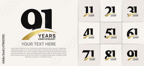 Set of Anniversary Logotype with gold swoosh, black color can be use for special day celebration