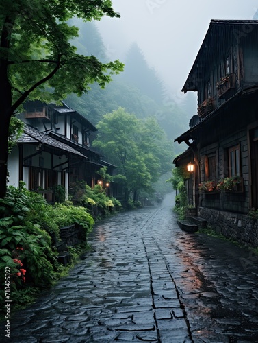 Rainy Cobblestone Streets Valley Landscape  Majestic Roads Between Mountains