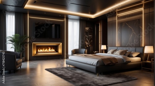 Black and Gold Bedroom with Fireplace, TV, and Grand Bed.