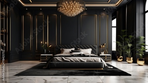 Black and Gold Bedroom with Chandelier and Marble Floors.
