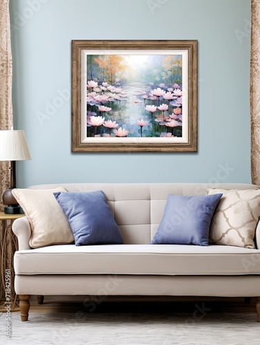 Lotus Serenity: Serene Pond Reflections Landscape Print Framed in Nature's Beauty