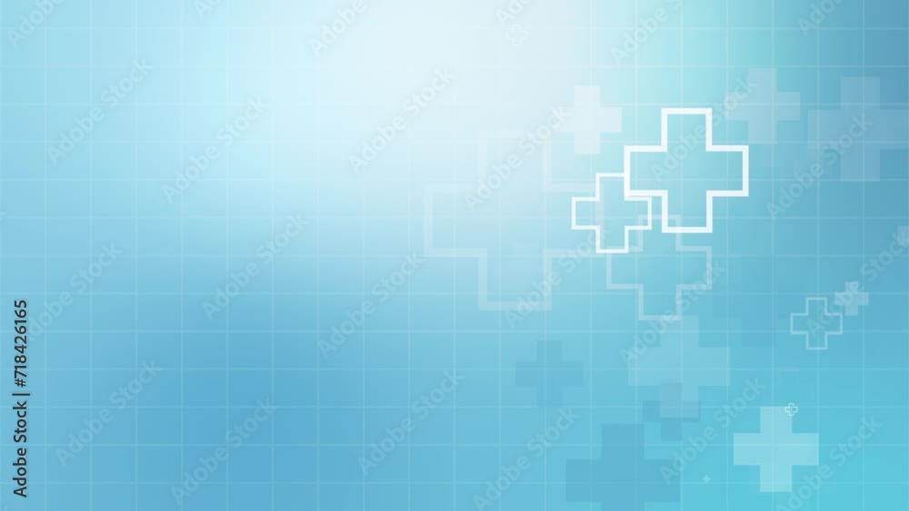 Abstract health and wellness cross icons, medical and treatment. Loop soft blue background with grid.