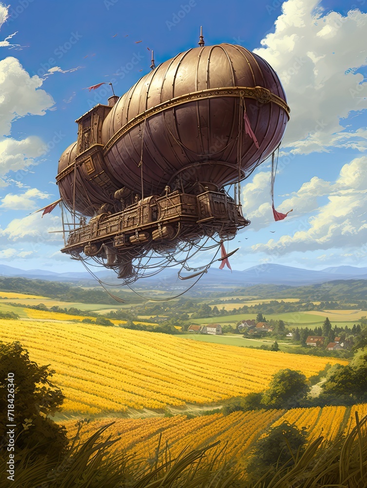 Obraz premium Steampunk Airship Adventures: Enchanting Countryside Journey with Spectacular Airship