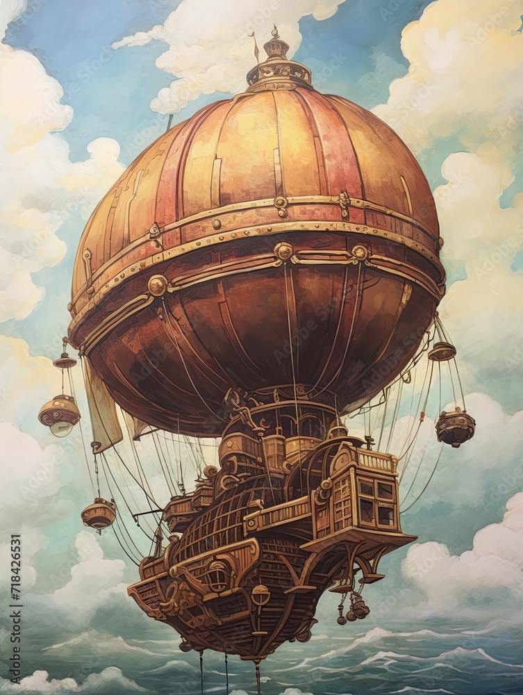 Steampunk Airship Adventures: Vintage Painting of an Airship in the Sky