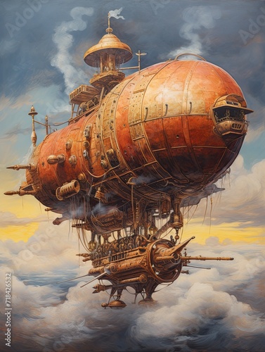 Steampunk Airship Adventures: Vintage Painting of an Airship in the Sky