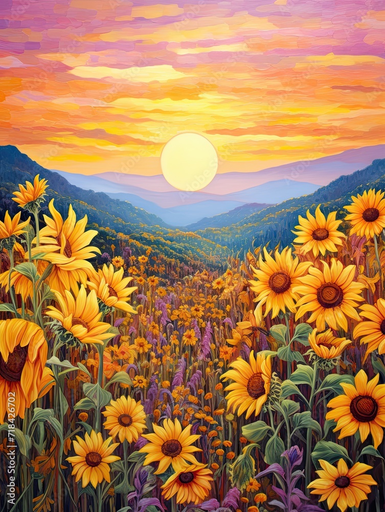 Fototapeta premium Dawn's Sunflower Fields: A Blooming Garden Scene of Beauty