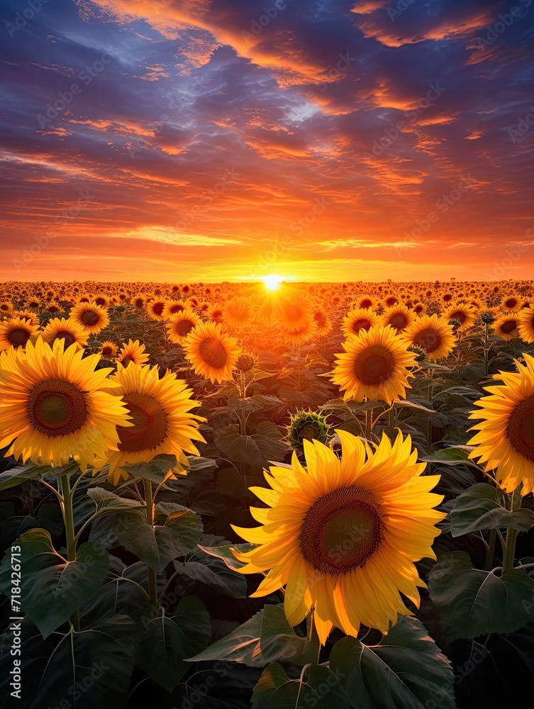 Fototapeta premium Sunflower Dawn: A Vibrant Landscape Poster of Breathtaking Sunflower Fields at Dawn - Poster Art
