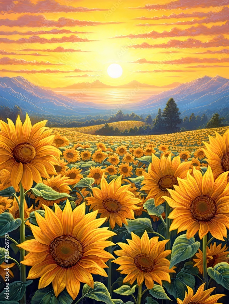 Fototapeta premium Sunflower Fields at Dawn: National Park Art Print - Captivating Sunflowers in Park View
