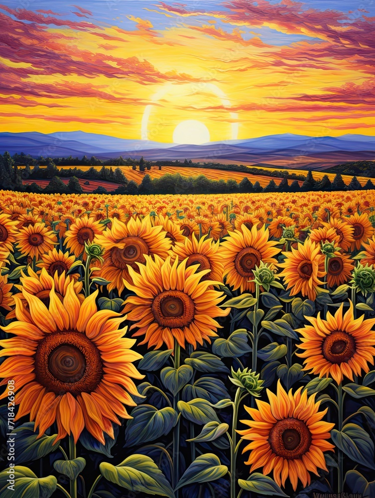 Dawn Twilight Landscape: Sunflower Fields at Dusk with Vibrant Sunflowers